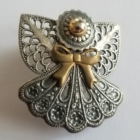 Relisted - Filigree angel brooch gold tone silver tone guardian pin - Picture 6 of 8